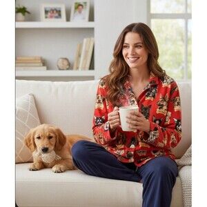 Nick & Nora Milk Bone Flannel Red Long Sleeve Pajama Top XXL Pockets Dogs Button